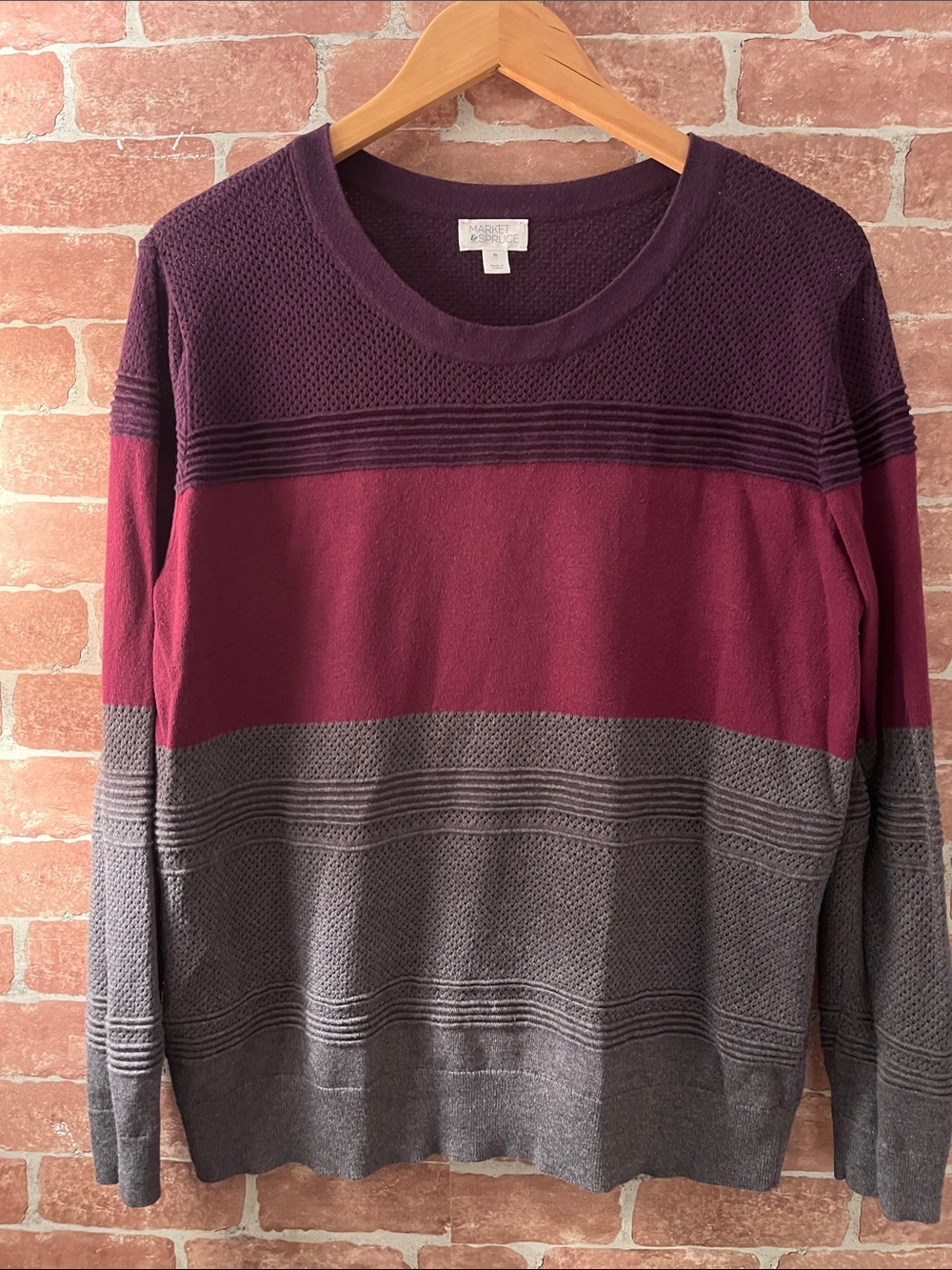 Stitch Fix Market & Spruce Colorblock Crewneck Sweater in Purple, Plum & Gray